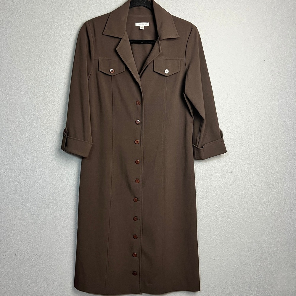 Harvé Benard Brown Button Front Shirt Dress 8 Utility Style 3/4 Sleeve Retro Mod